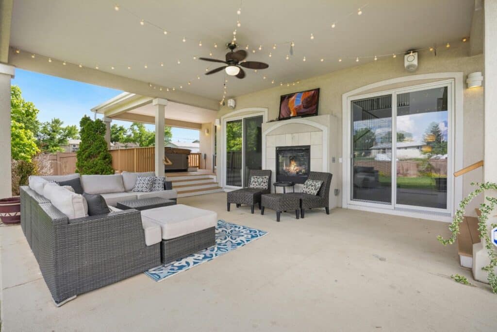 Example of an outdoor living space and fireplace that C4 Landscape & Design can complete in Montgomery County.