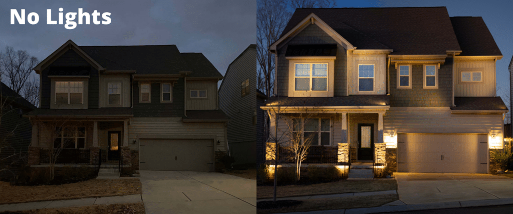 Photo showing the difference in the look and feel of a home with and without professional landscape lighting.