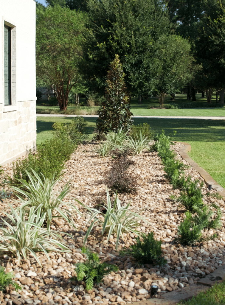 Low maintenance front yard landscaping with rocks by C4 Landscape & Design in Montgomery County, TX.